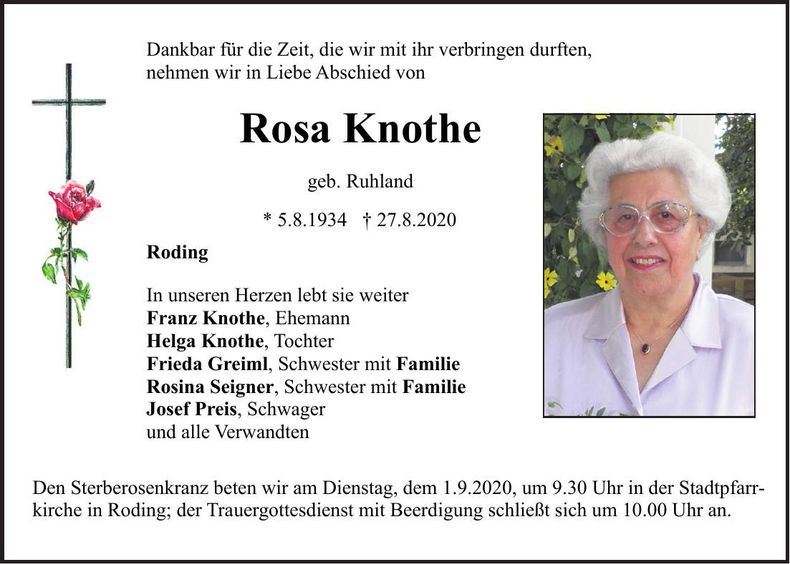 Traueranzeige Rosa Knothe