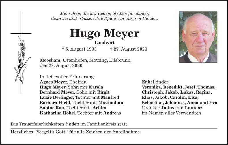 Traueranzeige Hugo Meyer