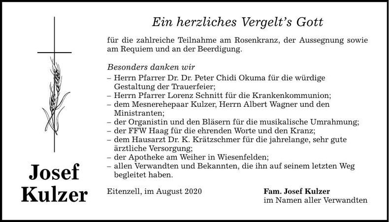 Traueranzeige Josef Kulzer
