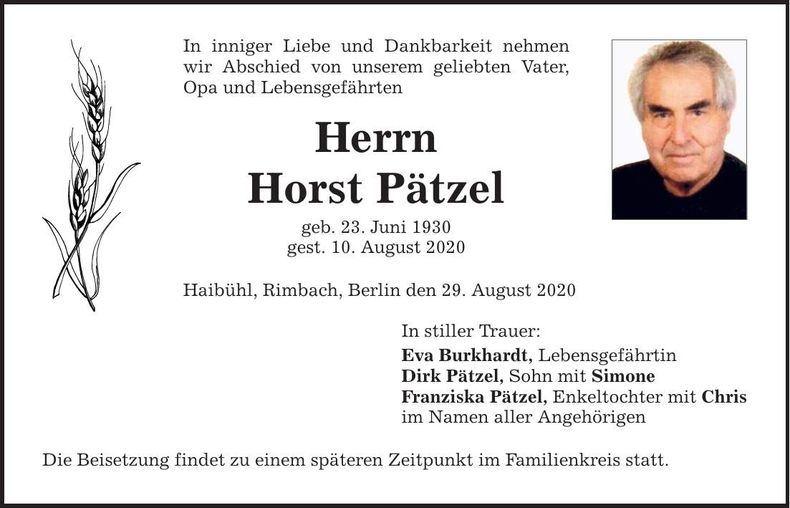 Traueranzeige Horst Pätzel