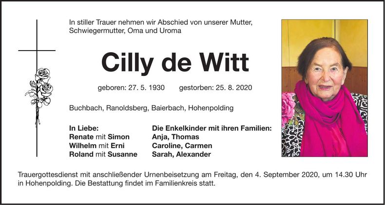 Traueranzeige Cilly de Witt