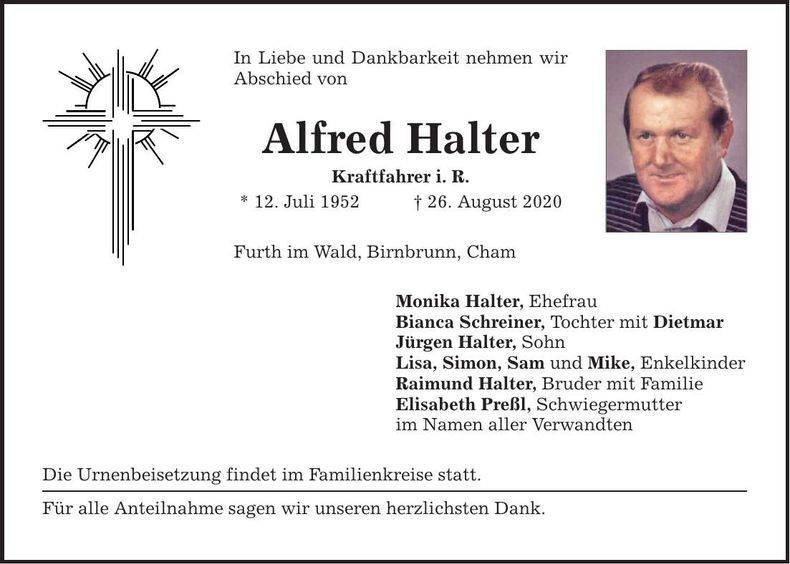 Traueranzeige Alfred Halter