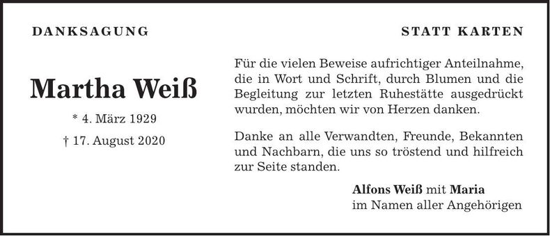 Traueranzeige Martha Weiß