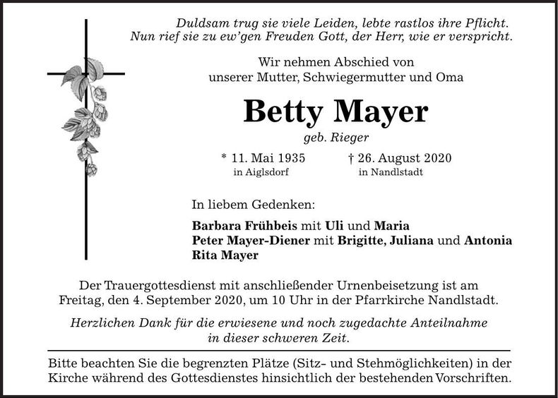 Traueranzeige Betty Mayer