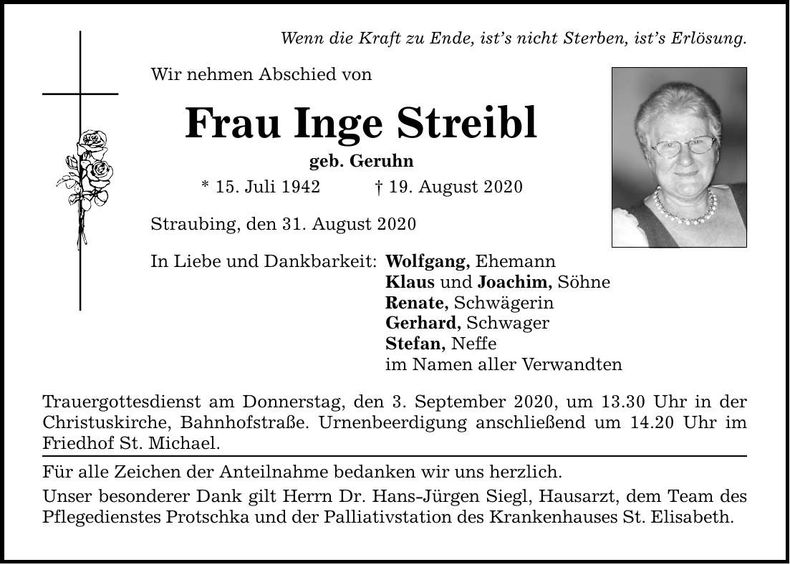 Traueranzeige Inge Streibl
