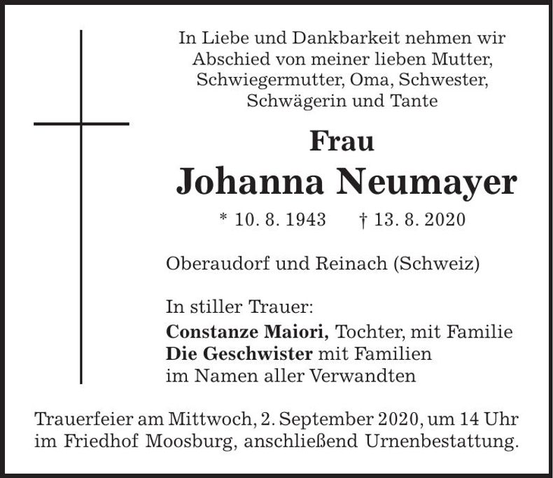 Traueranzeige Johanna Neumayer