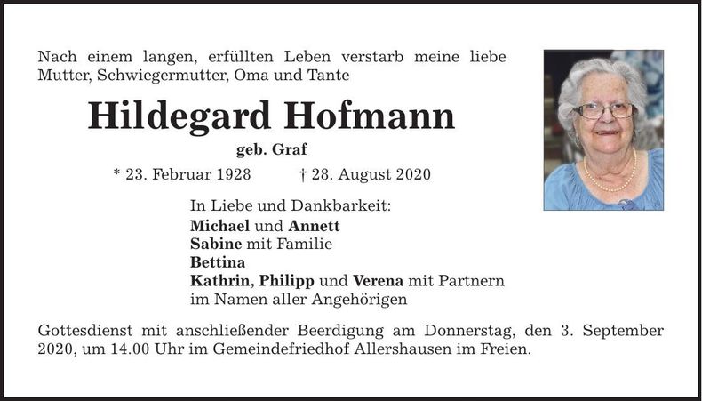 Traueranzeige Hildegard Hofmann