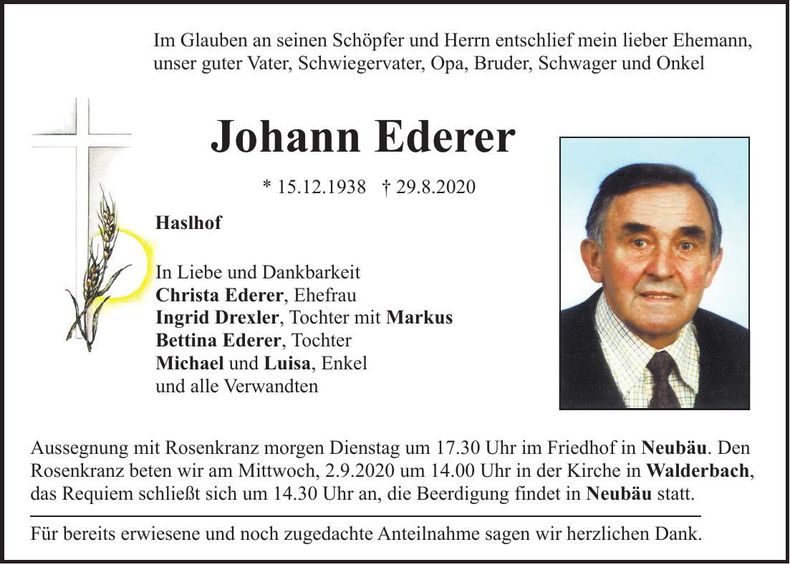 Traueranzeige Johann Ederer