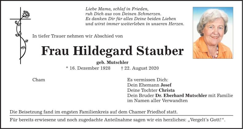 Traueranzeige Hildegard Stauber