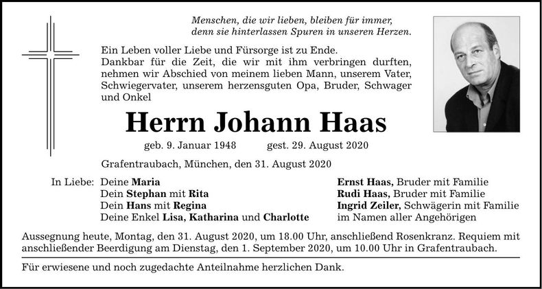 Traueranzeige Johann Haas