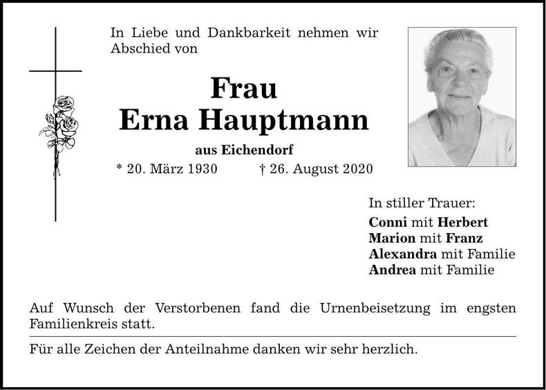 Traueranzeige Erna Hauptmann