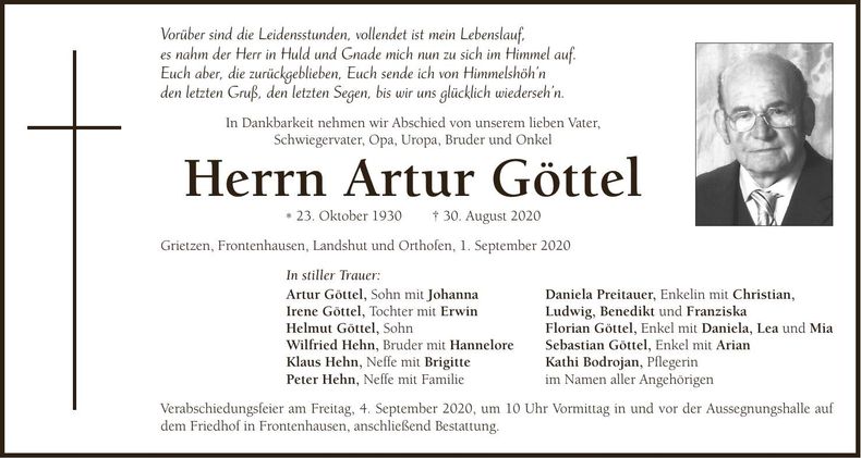 Traueranzeige Artur Göttel