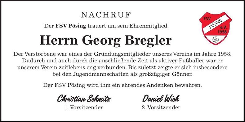 Traueranzeige Georg Bregler