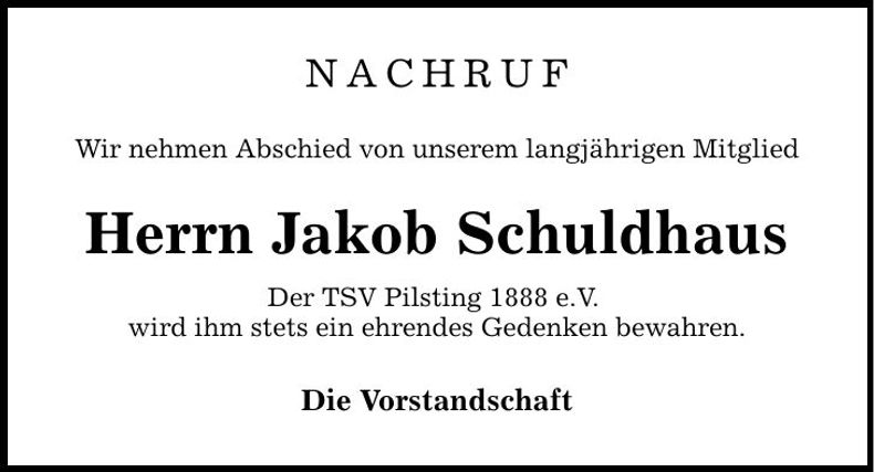 Traueranzeige Jakob Schuldhaus
