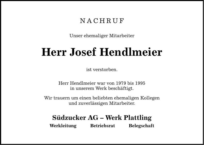 Traueranzeige Josef Hendlmeier