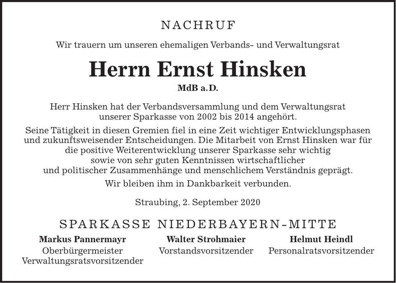 Traueranzeige Ernst Hinsken