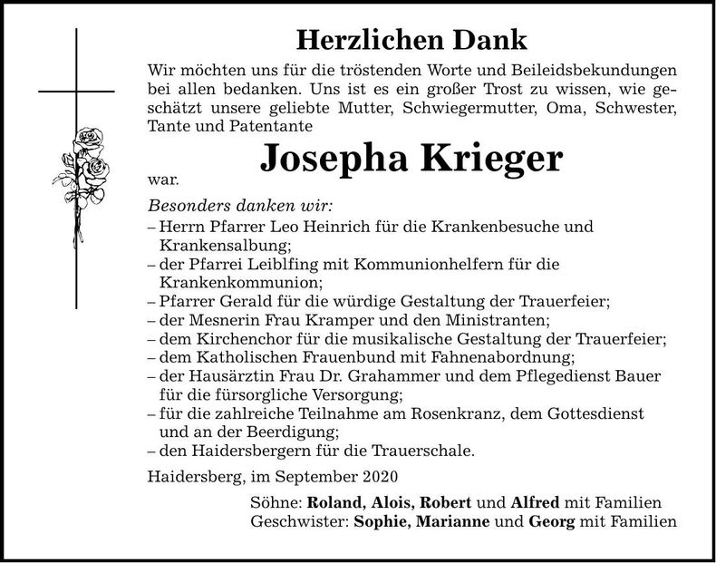 Traueranzeige Josepha Krieger