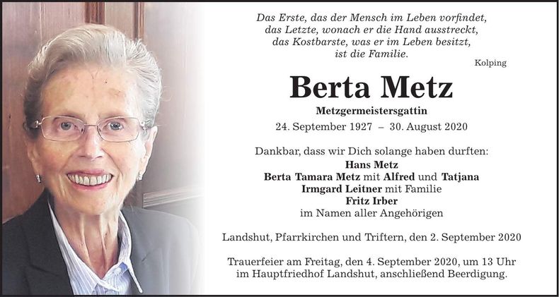Traueranzeige Berta Metz
