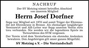 Traueranzeige Sepp Dorfner
