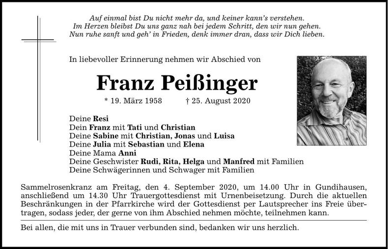 Traueranzeige Franz Peißinger