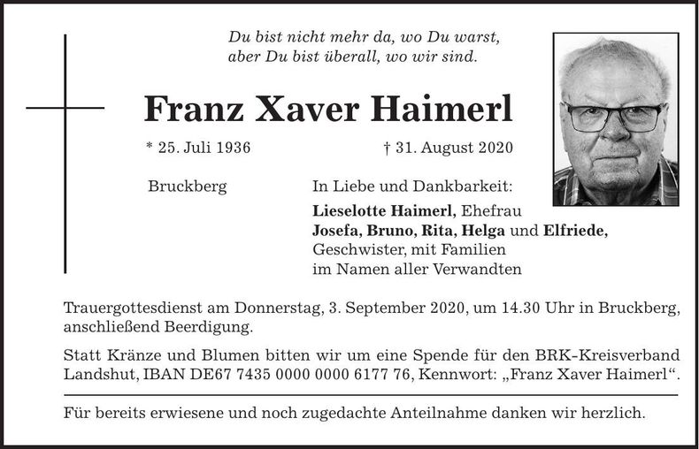 Traueranzeige Franz Xaver Haimerl