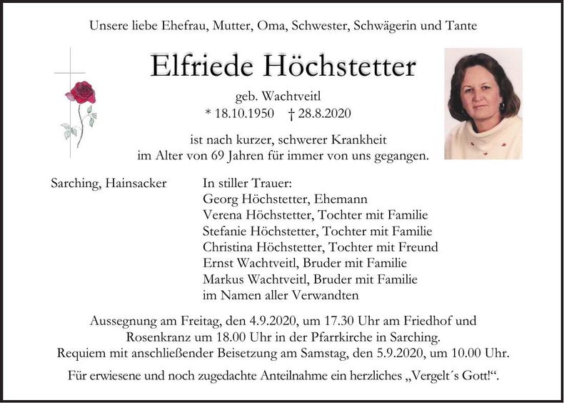 Traueranzeige Elfriede Höchstetter