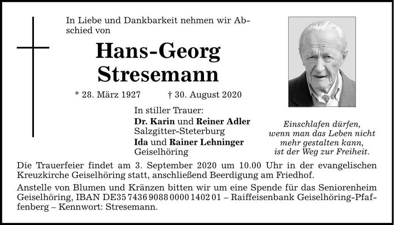 Traueranzeige Hans-Georg Stresemann