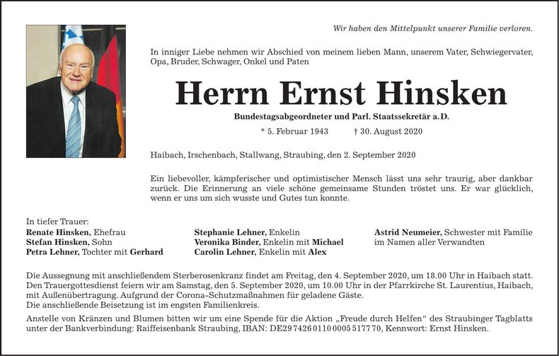 Traueranzeige Ernst Hinsken