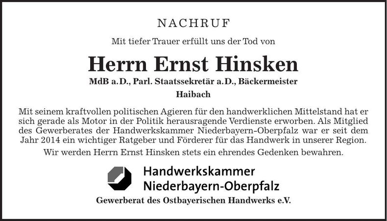 Traueranzeige Ernst Hinsken