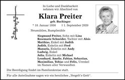 Traueranzeige Klara Preiter
