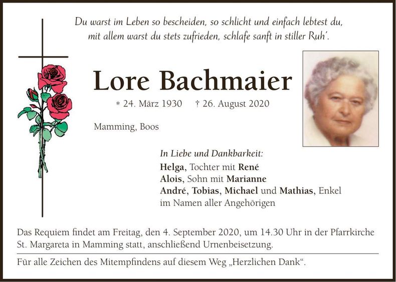 Traueranzeige Lore Bachmaier