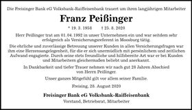 Traueranzeige Franz Peißinger