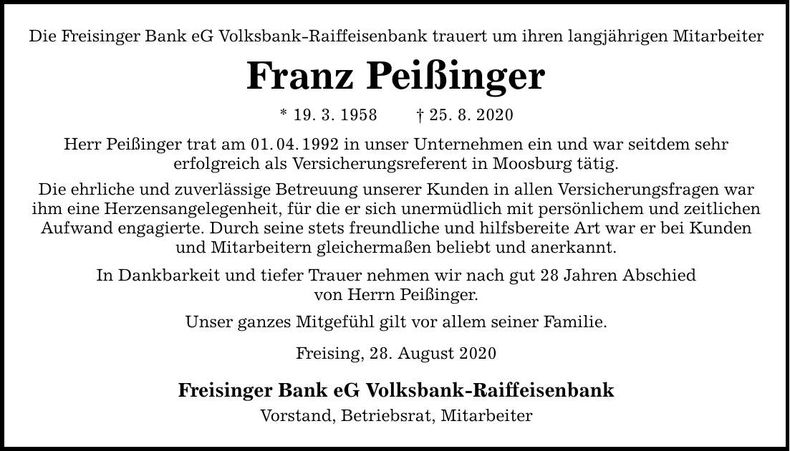 Traueranzeige Franz Peißinger