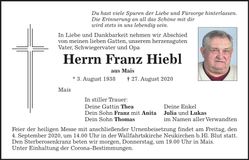 Traueranzeige Franz Hiebl