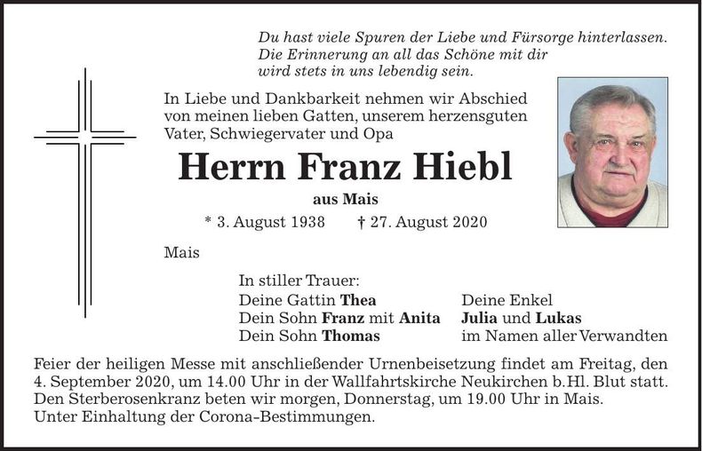 Traueranzeige Franz Hiebl