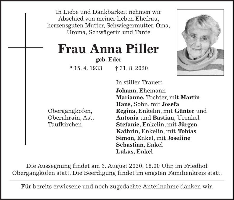 Traueranzeige Anna Piller