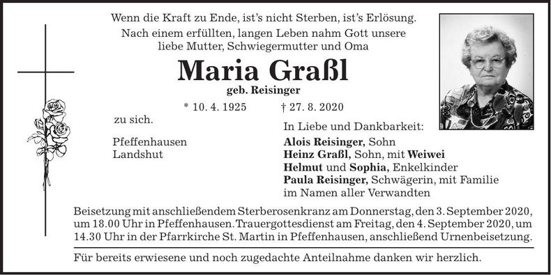 Traueranzeige Maria Graßl