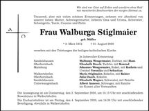 Traueranzeige Walburga Stiglmaier