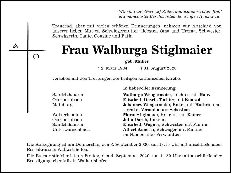 Traueranzeige Walburga Stiglmaier