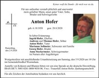 Traueranzeige Anton Hofer