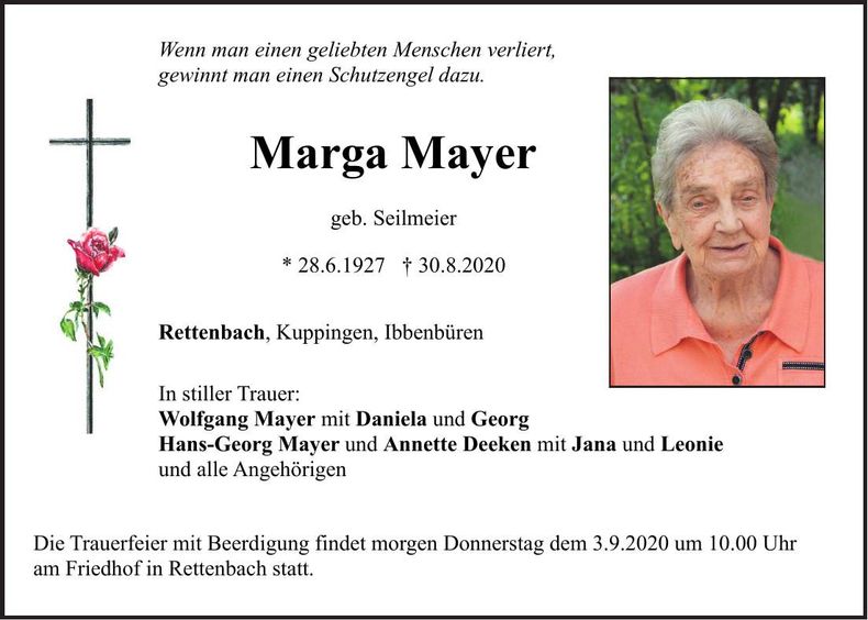 Traueranzeige Marga Mayer