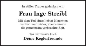Traueranzeige Inge Streibl
