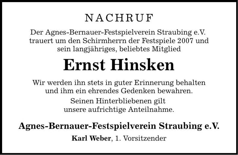 Traueranzeige Ernst Hinsken