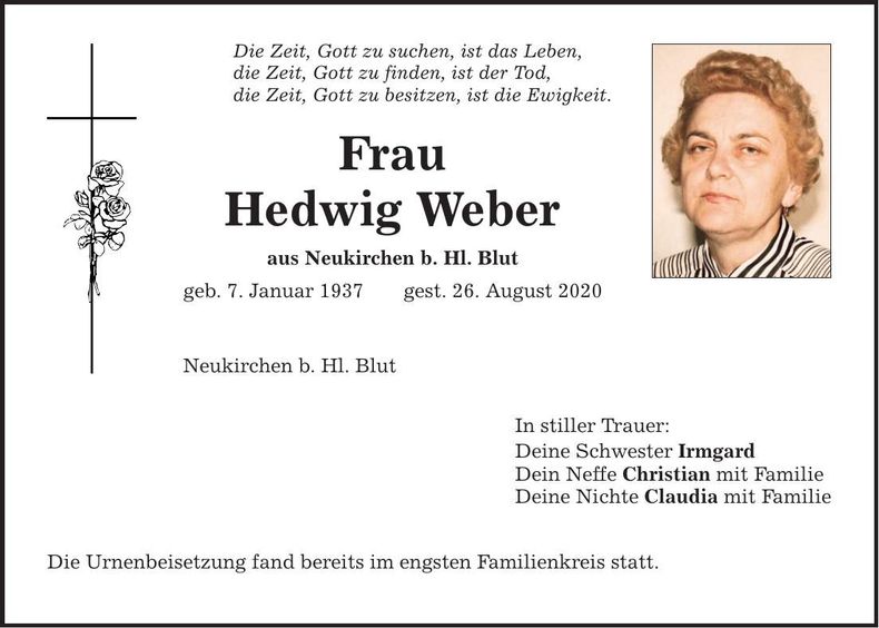 Traueranzeige Hedwig Weber