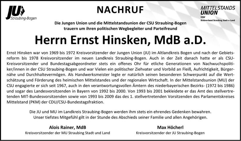 Traueranzeige Ernst Hinsken
