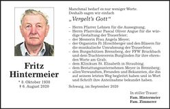 Traueranzeige Fritz Hintermeier
