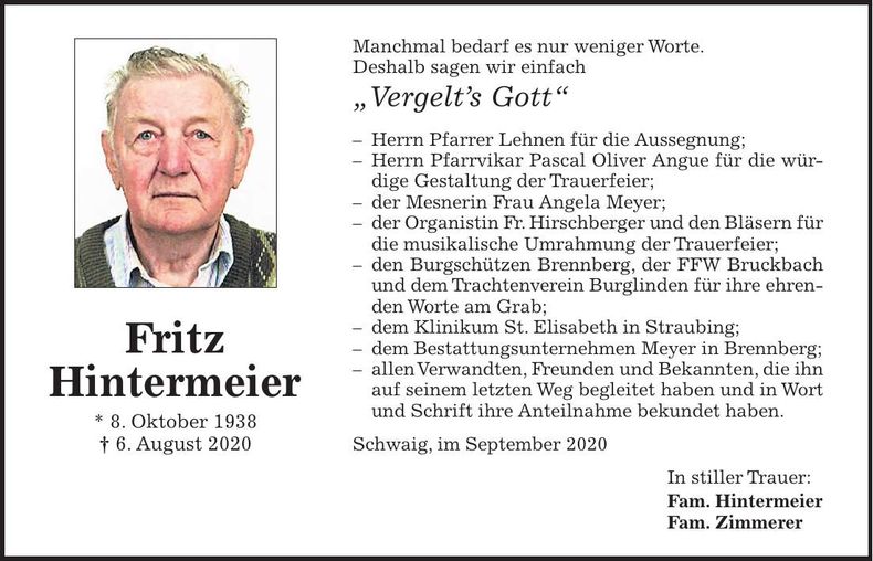 Traueranzeige Fritz Hintermeier