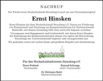 Traueranzeige Ernst Hinsken