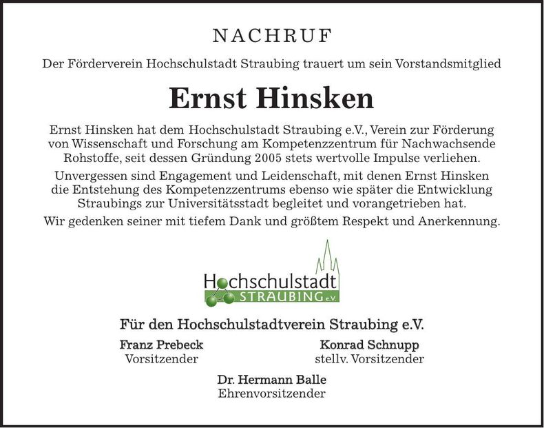 Traueranzeige Ernst Hinsken