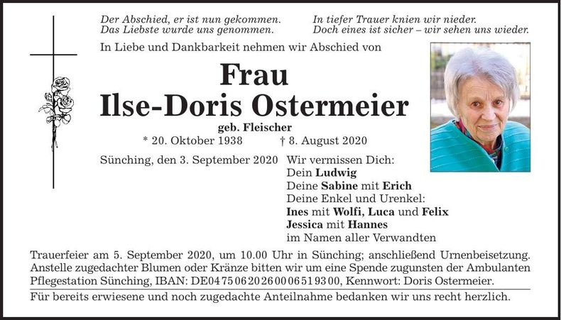 Traueranzeige Ilse-Doris Ostermeier
